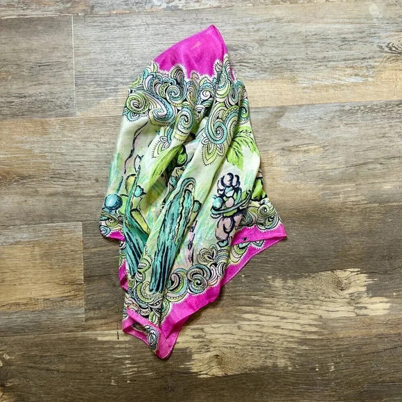 Vintage 100% Silk Snake Charmer Indian Dancers Square Scarf With Damage - Picture 4 of 11